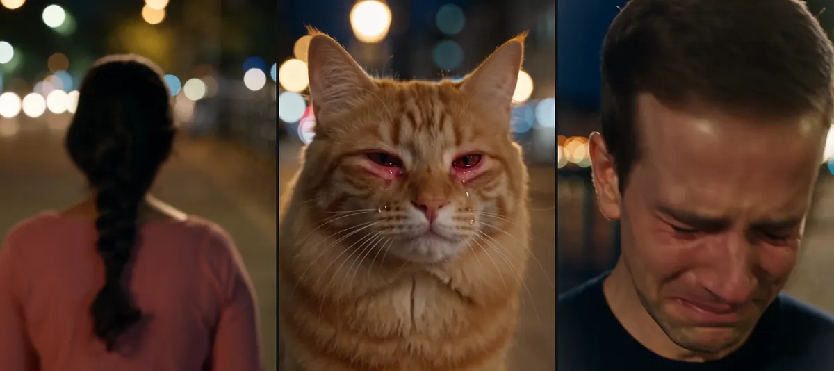 Three rough edges: the back view ends too close to the camera, the cat's eyes turn red, the man cries very hard