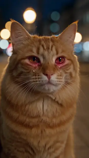 The cat version of the AI crying video: watery eyes, a tear down the fur, then it turns and walks away