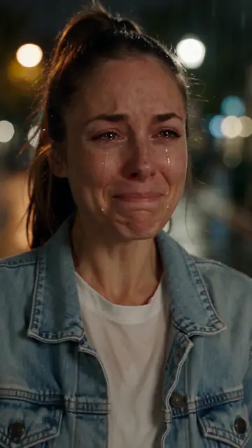The rainy-street AI crying video: after the tears she turns and walks away down the shining wet street
