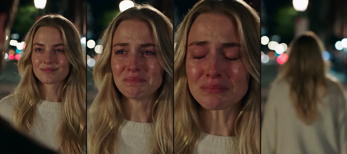 Four moments of an AI crying video: a hopeful smile, eyes welling up, crying with eyes closed, walking away