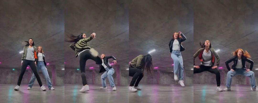 أربع لحظات من رقصة A2O LITE NEON مع امرأتين في مرآب مضاء بالنيون: جنبًا إلى جنب، والدوران مع الركلة، ووضعية «فوق وتحت»، والقرفصاء الواسعة الأخيرة