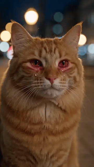 The cat version of the AI crying video: watery eyes, a tear down the fur, then it turns and walks away