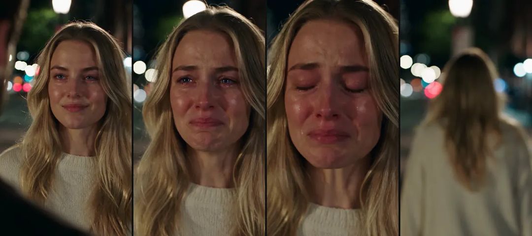Four moments of an AI crying video: a hopeful smile, eyes welling up, crying with eyes closed, walking away