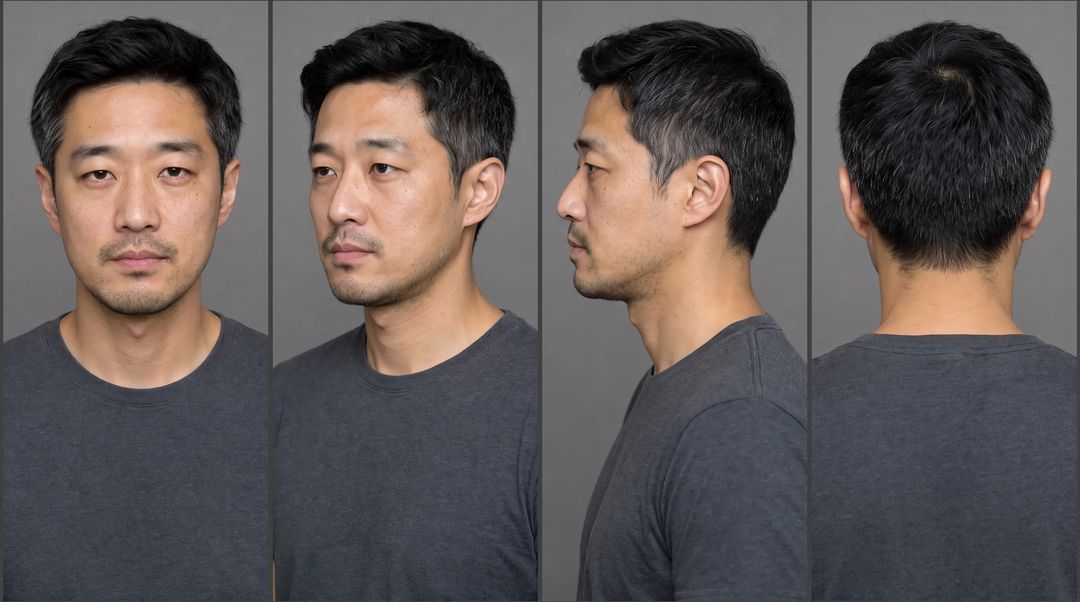 Character sheet for an AI short film: the same man from the front, three-quarter, profile and back