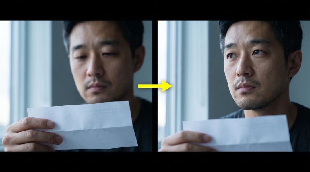 Shot continuity demo: the last frame of one shot becomes the first frame of the next, with framing, light and grade continuing exactly
