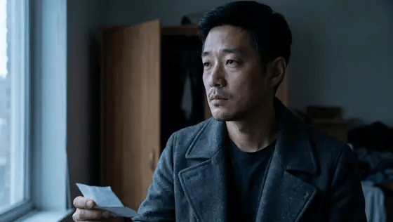Five seconds generated from one shot: he holds the note, blinks, his gaze drifts along the window
