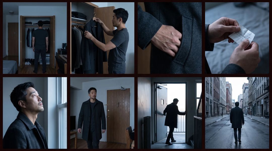 Eight finished shots from an AI short film, carrying one consistent cool dawn grade