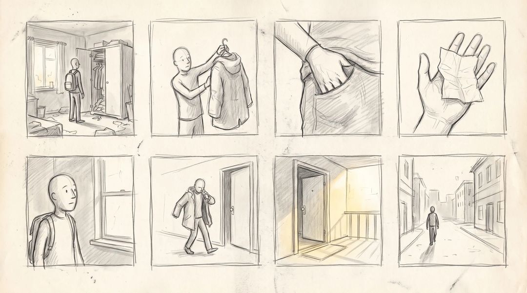 An eight-panel storyboard for an AI short film, drawn as pencil thumbnails