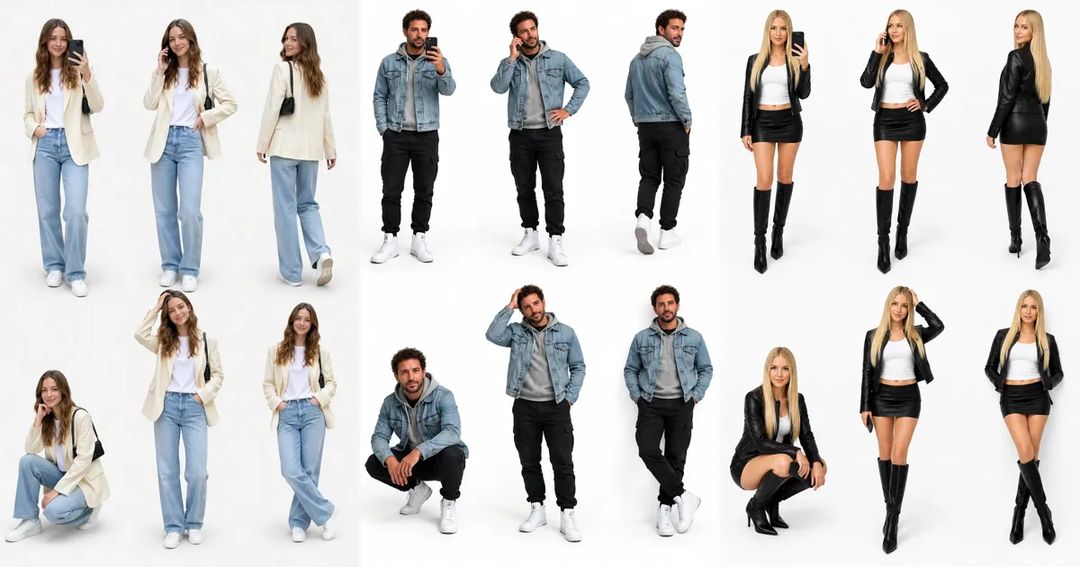 Three lookbook collages side by side: a woman in a cream blazer and light jeans, a man in a denim jacket over a hoodie, and a blonde woman in a black leather jacket, mini skirt and tall boots, each shown six times in different poses on white