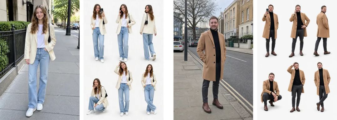 Two photo-to-lookbook pairs: a woman on a city sidewalk in a cream blazer with a small black shoulder bag becomes six poses on white, and a man in a camel coat and black turtleneck does the same
