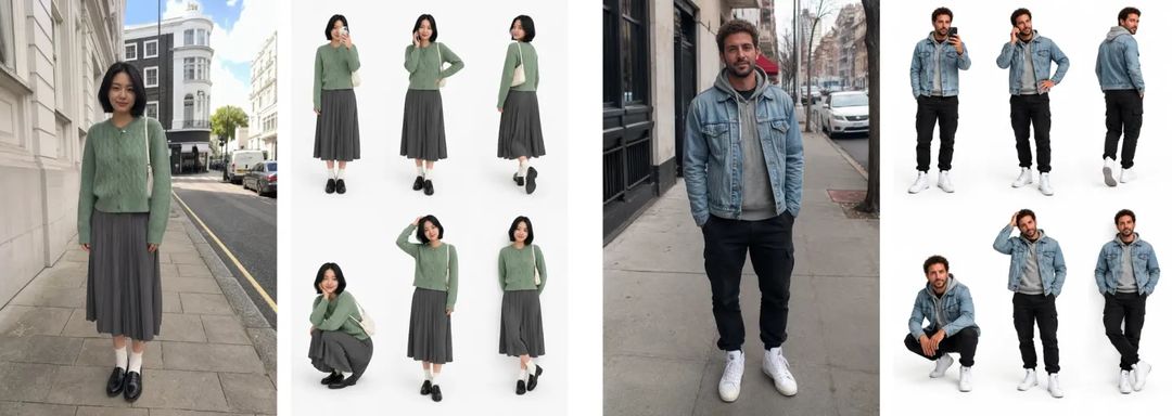 Two more pairs: a woman in a green cardigan and grey pleated skirt, and a man in a denim jacket and grey hoodie, both turned from street photos into white-background lookbook collages