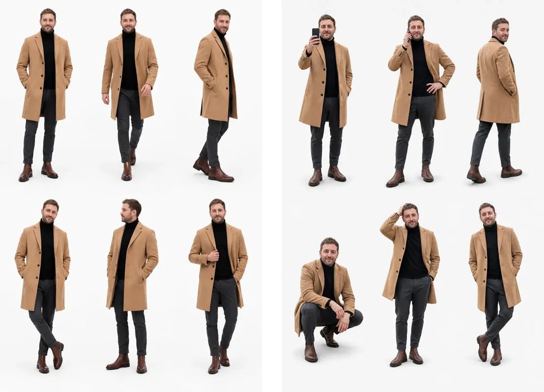 The same man in two lookbook versions: on the left the first version, where almost all six poses are standing straight with hands in pockets; on the right the current one, with a selfie, a phone call, a walk-away look back, a half-squat, a hand in the hair and a crossed-ankle lean
