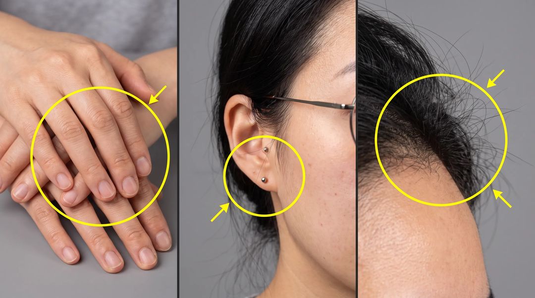 Three zoomed-in AI photoshoot problem areas: fingers, ear with earring and glasses temple, and the hairline edge