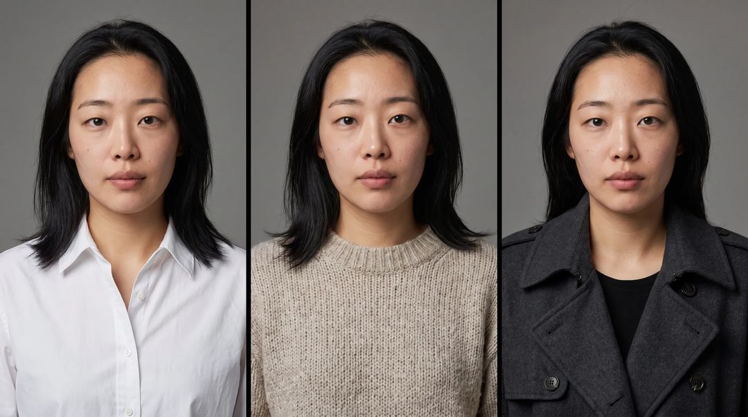 Three-outfit AI photoshoot strip: the same person under identical lighting in three different outfits