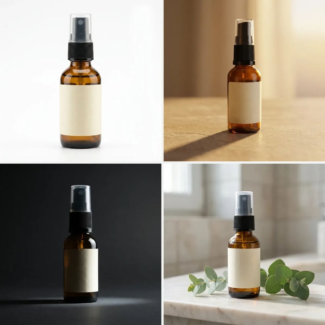 Four AI product photos: pure white, beige stone with backlight, dark hard light, and a marble bathroom counter