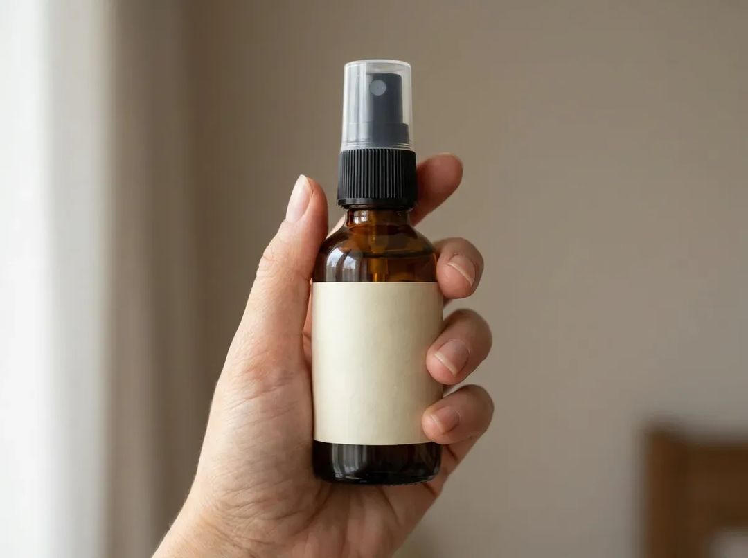 An AI product photo of a hand holding the amber glass spray bottle in soft daylight