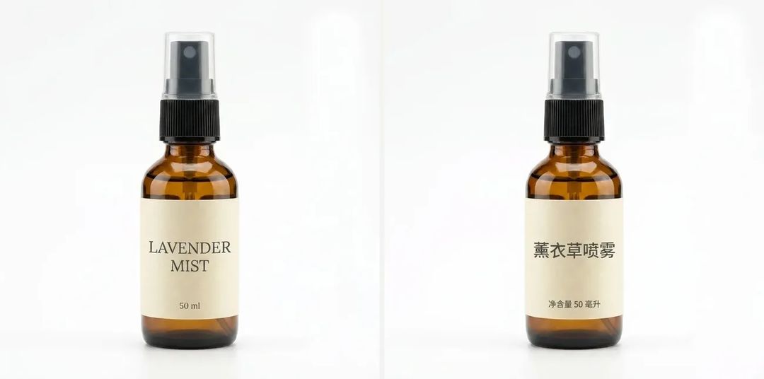 Two AI product photos with printed labels, one reading LAVENDER MIST in English and one in Chinese
