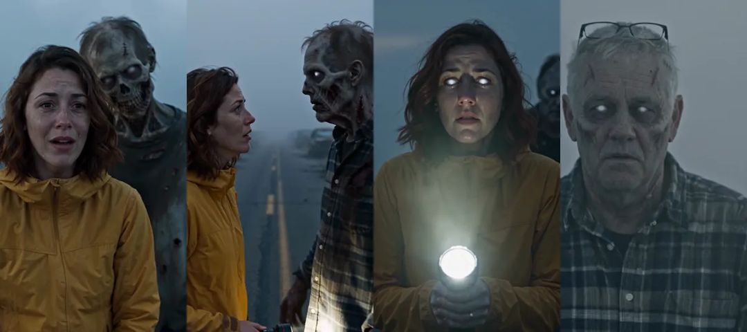 Four frames: a skull-like face in the first version, a rotting profile in the second, the survivor's own eyes turning white, and the final version keeping his hair, glasses and shirt