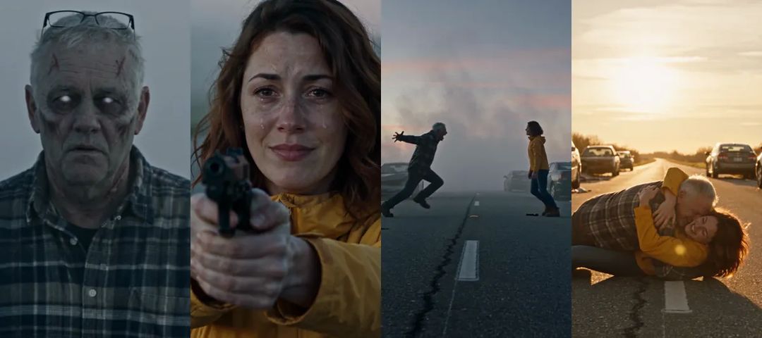 The four shots of an AI zombie love story: close-up, tearful standoff, the charge, and the same highway at sunset