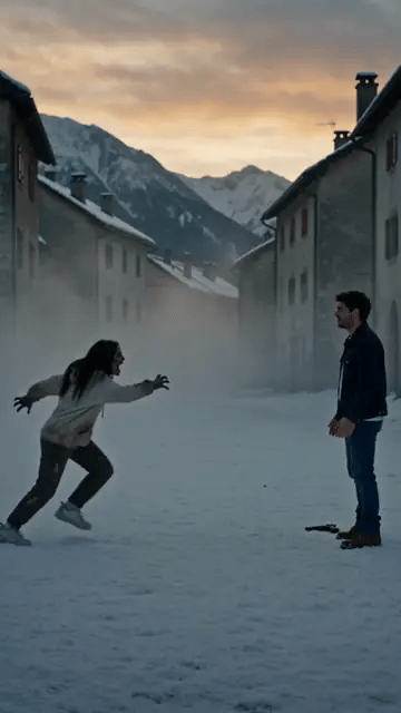 Couple version: the infected girlfriend runs at her boyfriend through a snowy town, then the same street on a sunny day with the two of them in the grass