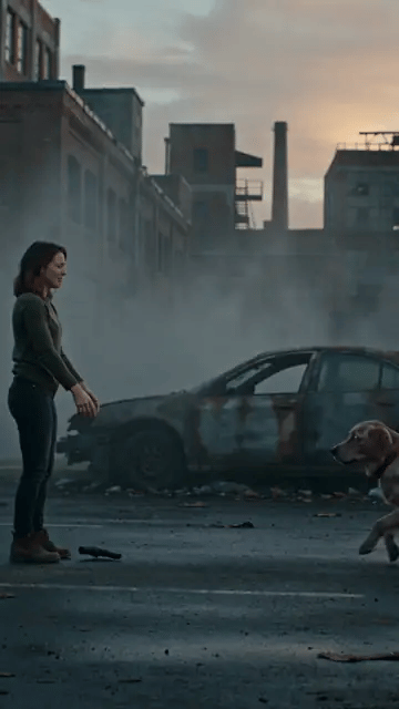 Pet version of the AI zombie trend: the infected golden retriever leaps at its owner, then knocks her over on a sunny lawn after the cut
