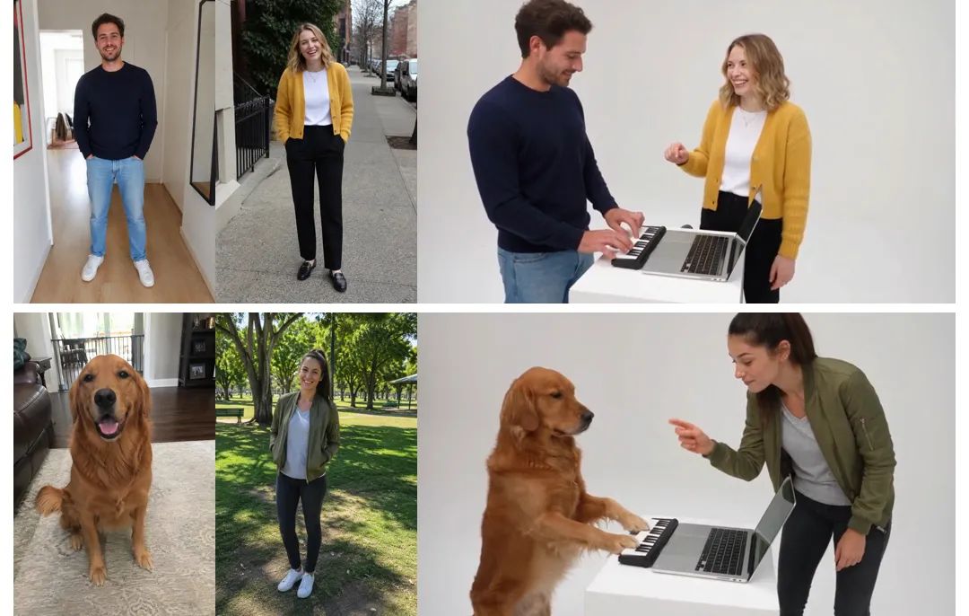 Photos next to results: a man in a navy sweater and a woman in a mustard cardigan, then a golden retriever and a woman in an olive bomber jacket