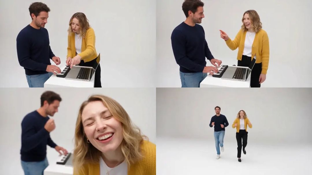 Four shots from an Alors on Danse AI clip: the setup at the keyboard, the groove, the lean-in close-up, the jog toward the camera