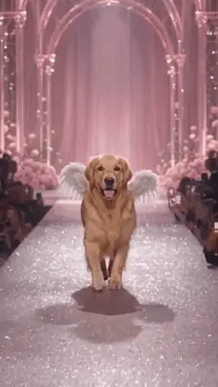 Generated golden retriever walking and turning on a pink crystal runway