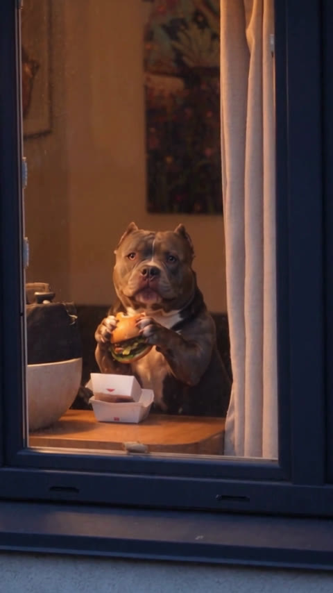 A stocky American Bully holding a hamburger with a gentle, innocent expression
