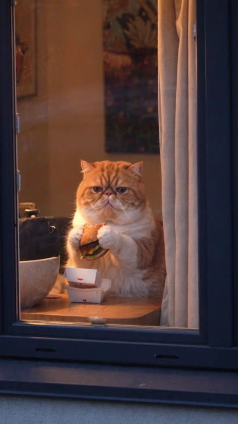 An orange-and-white Exotic Shorthair holding a burger at a warmly lit window