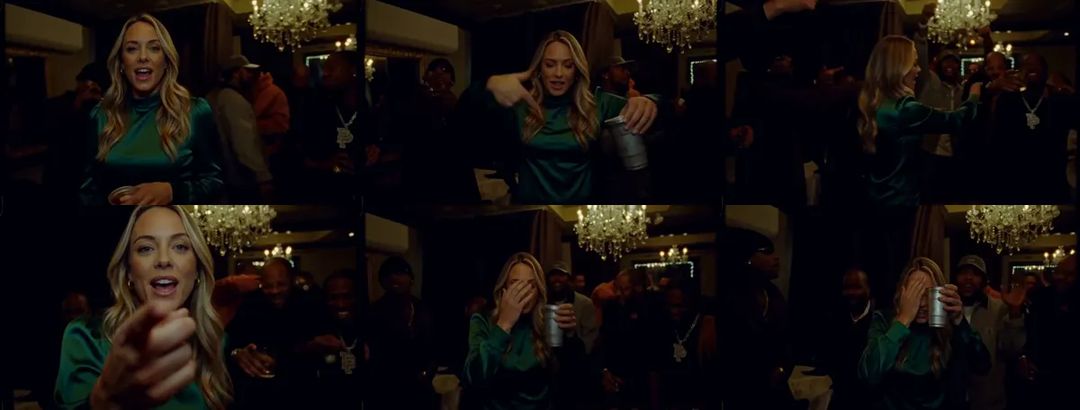 Six moves from the Burning Bridges AI video: singing with the cup, pointing at herself, pointing across the room, reaching at the camera, laughing behind her hand, covering her face with the cup raised