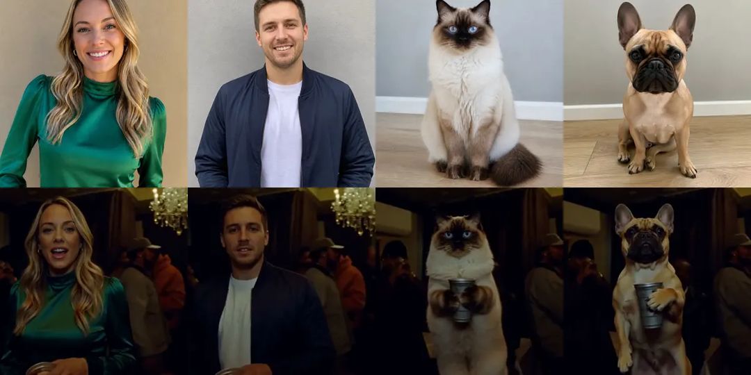 Photos next to results: a woman in a green top, a man in a navy jacket, a ragdoll cat and a French bulldog
