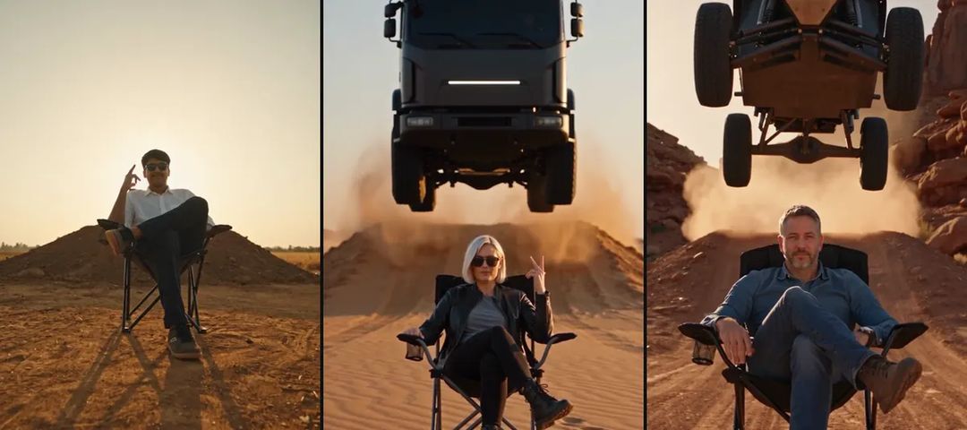 Three misfires: a backlit silhouette, a truck that turned into a box van, and the fixed version with a clear face and a truck that really flies