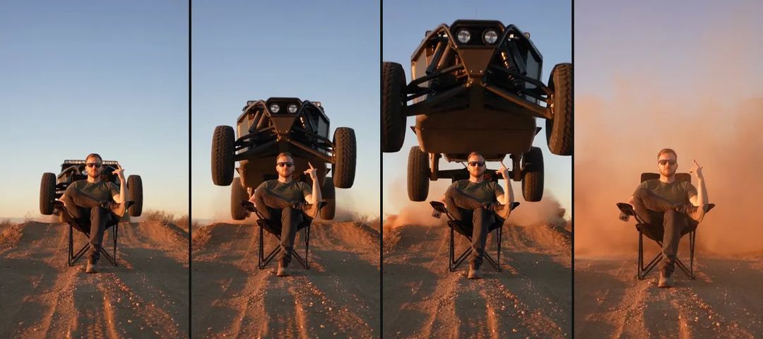 Four moments of a car jump AI video: sitting calmly on a folding chair, the truck hitting the mound, flying overhead, landing in a cloud of dust