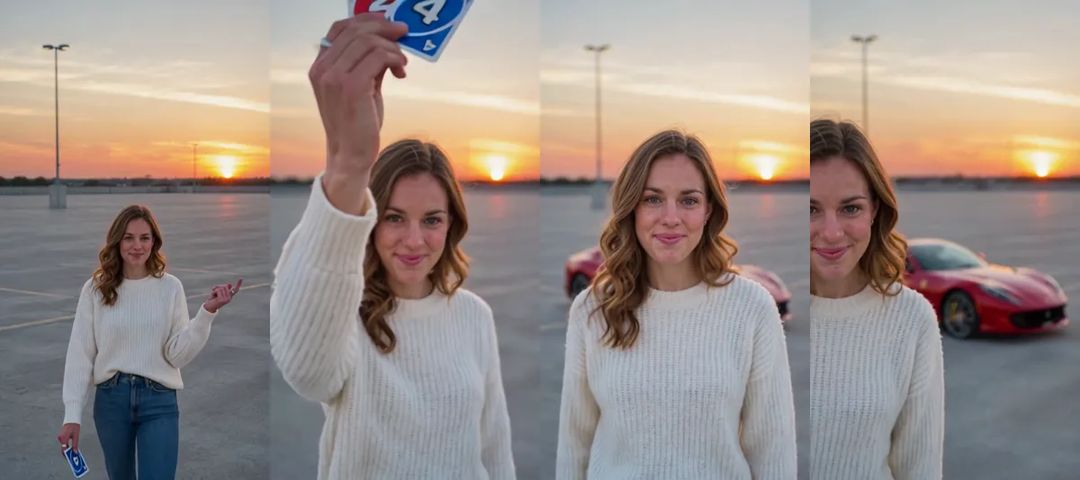 Four moments of the 24 car trend: walking toward the camera, holding up the two cards, the sports car parked behind, and pointing at the car