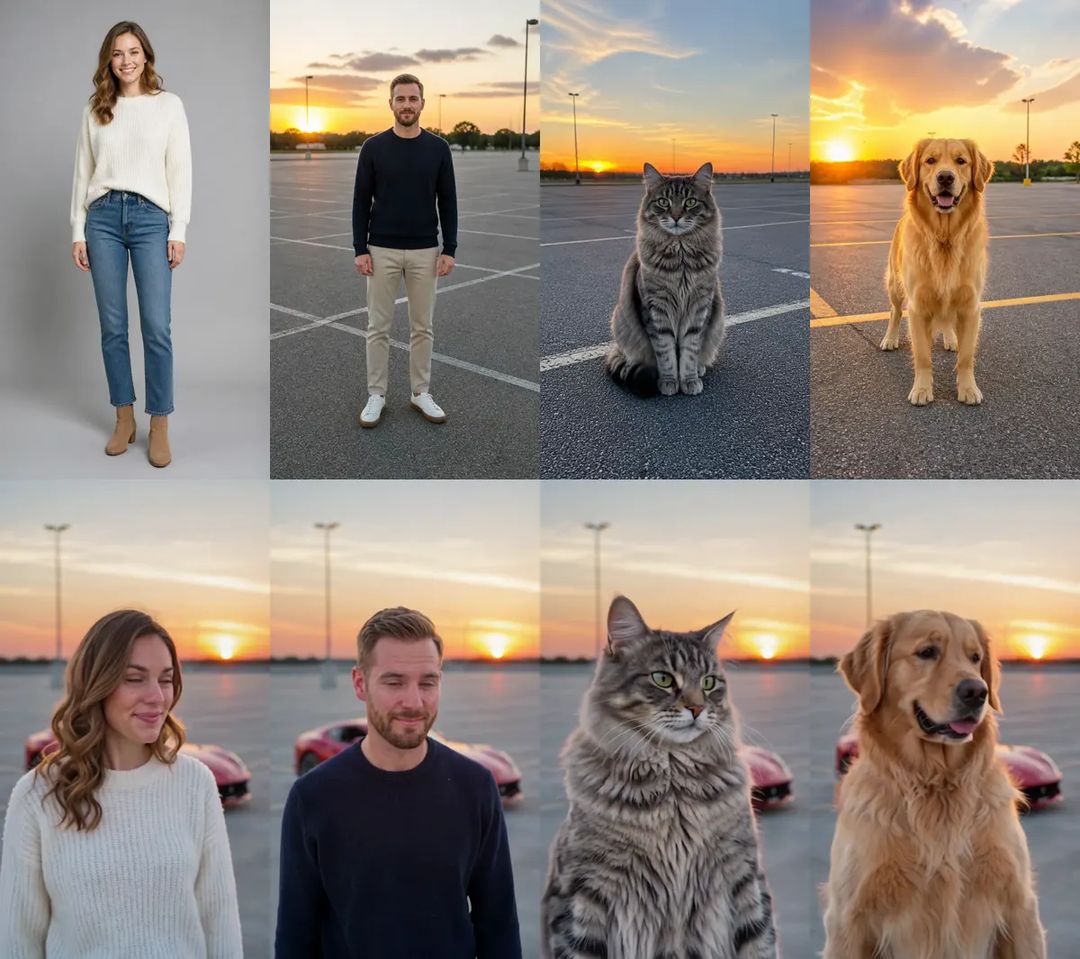 Photos next to results: a woman in a cream sweater, a man in a navy sweater, a grey tabby cat and a golden retriever, each copied into the sunset rooftop clip with the sports car behind them