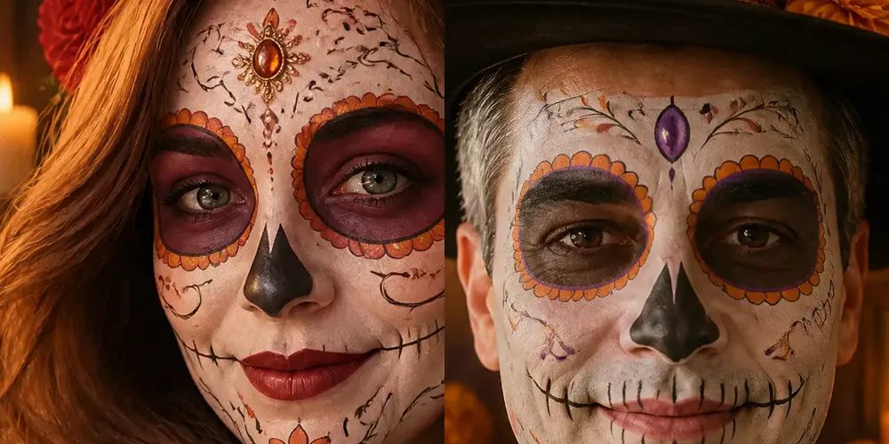 两张 Catrina 妆特写:一位女士白色打底、酒红色眼圈镶着橙色花瓣、额头一颗宝石;一位男士橙色描边的眼圈、紫色宝石,嘴唇上画着缝线