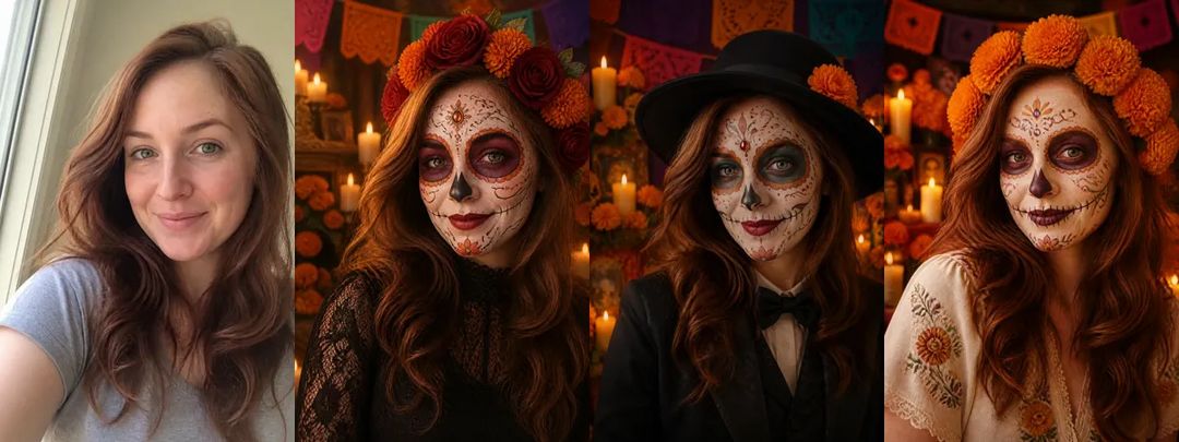 一位女士的自拍,旁边是她的三张 Catrina 妆写真:玫瑰花冠配黑色蕾丝,黑礼帽配领结,满头万寿菊花冠配刺绣衬衫
