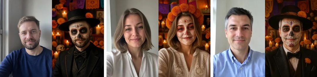 三组照片和成图对照:穿藏青毛衣的大胡子男士变成 El Catrín,金色短发的女士戴上万寿菊花冠,穿浅蓝衬衫的男士变成 El Catrín