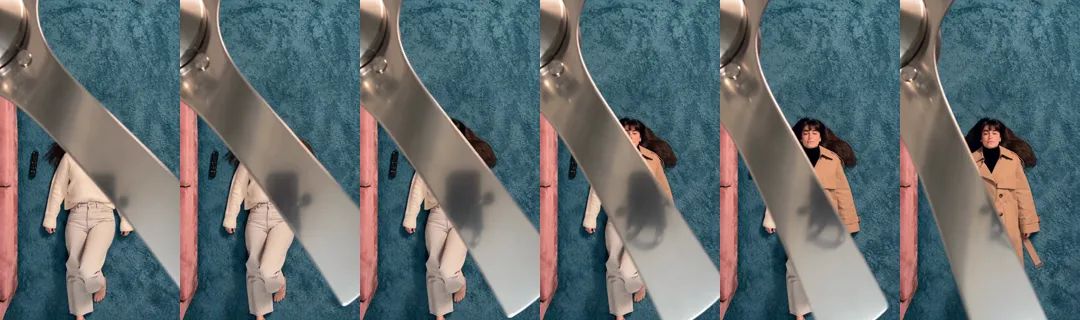一次换装的六帧：金属扇叶扫过躺在蓝绿地毯上的女士，扇叶一侧是米白毛衣，另一侧已经是驼色风衣