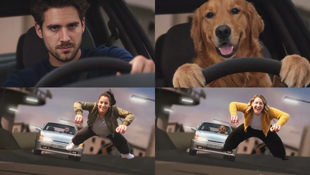 Duo drivers: top row, the opening close-ups of a man in a navy sweater and a golden retriever at the wheel; bottom row, the drivers behind the windshield while the rider leaps