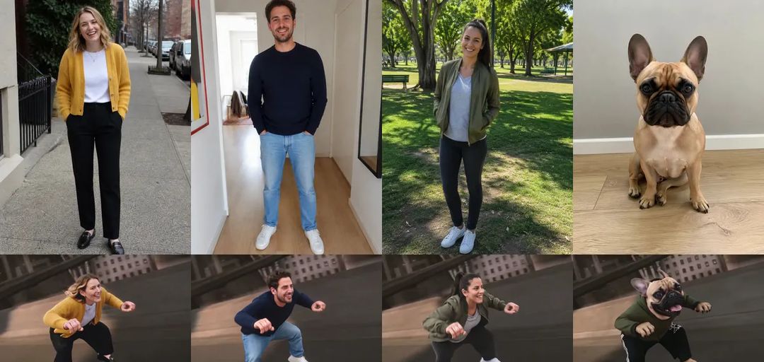Photos next to results: a woman in a mustard cardigan, a man in a navy sweater, a woman in a green jacket and a French bulldog, each riding the invisible motorbike at the camera in the row below