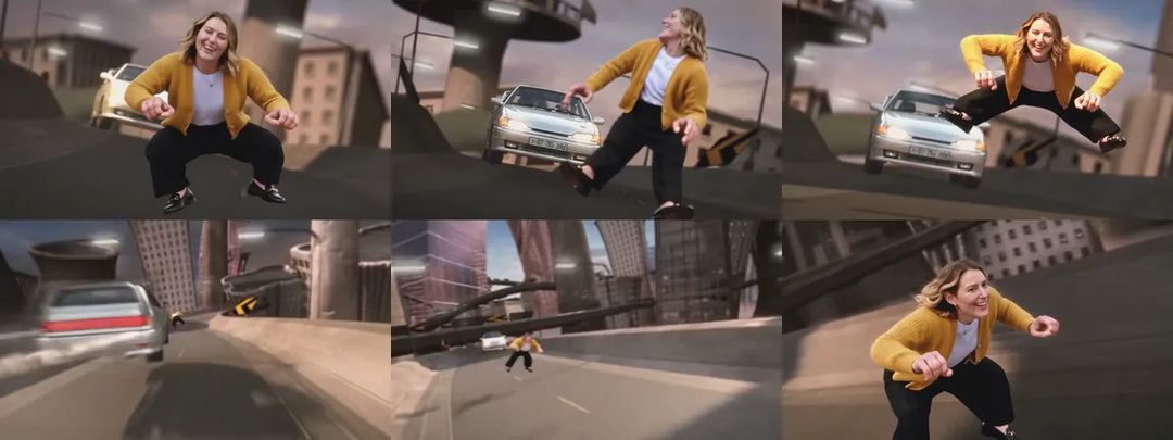 Six shots of the Crazy Frog AI chase: the woman in the mustard cardigan crouched in mid-air, looking back at the car, leaping with her legs spread, the car chasing down the highway, her leading between the towers, and her final charge at the camera
