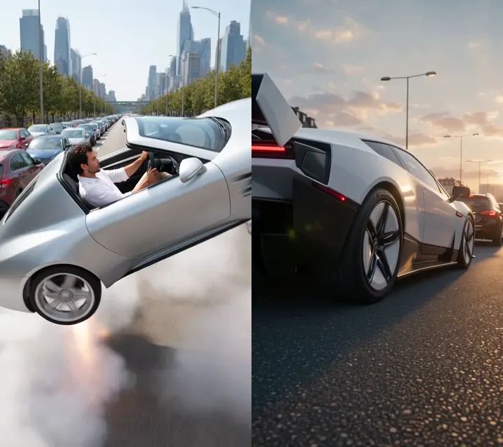 Left: an early test with a generic silver convertible. Right: the version we shipped, with the white wedge-shaped Roadster and its large rear wing