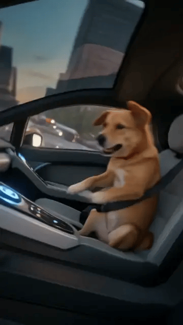A golden dog strapped into the driver's seat hangs upside down as the flying Tesla Roadster rolls over in mid-air