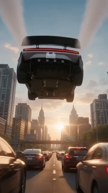 The Roadster fires its thrusters at full power and streaks away over the stuck traffic into the sunset