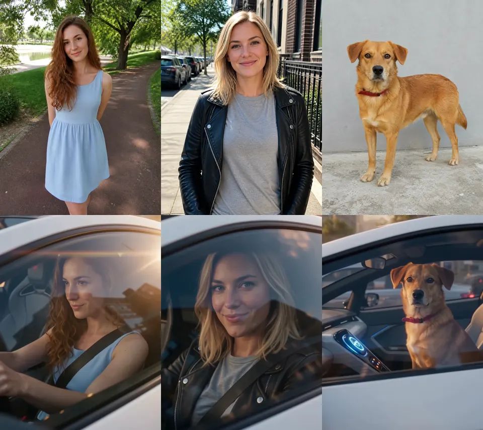 Photos next to results: a woman in a blue dress, a woman in a leather jacket and a golden dog, each sitting at the wheel of the white Roadster in the window close-up