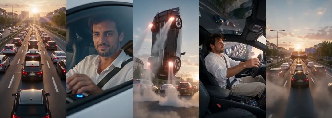 Five shots from the flying Tesla Roadster clip: the traffic jam from above, the driver pressing the button, the car flipping in mid-air, the driver thrown around inside the cabin, and the car flying away over the traffic