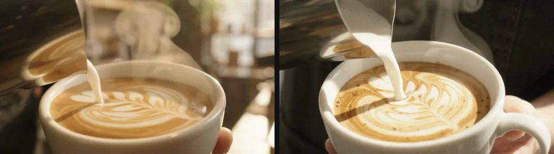 Same prompt, 360p draft on the left and 720p on the right: similar composition, two different clips