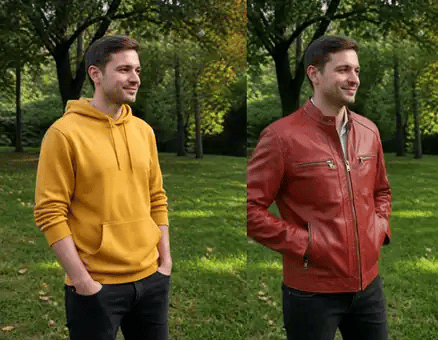 Gemini Omni Flash video edit: yellow hoodie becomes a red leather jacket, original on the left